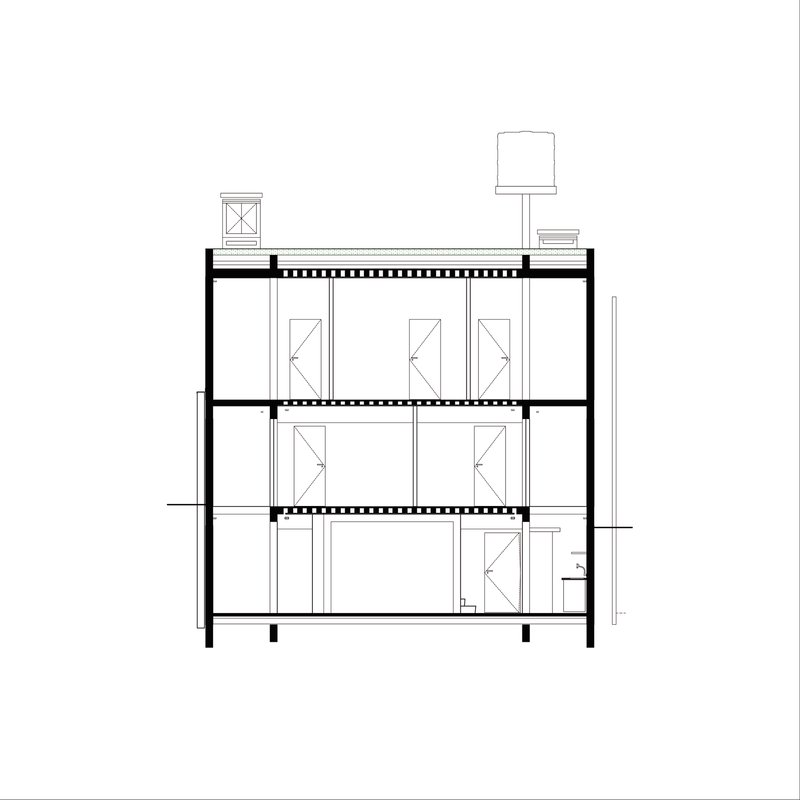 Section drawing showing four levels with timber floor joists and rooftop equipment