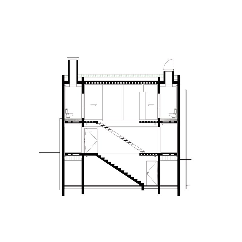 Section drawing revealing interior staircase cutting diagonally through three levels