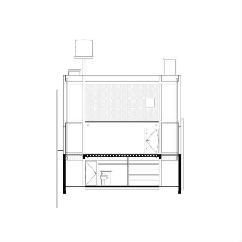 Section drawing through upper level courtyard with textured screen wall and rooftop water tank