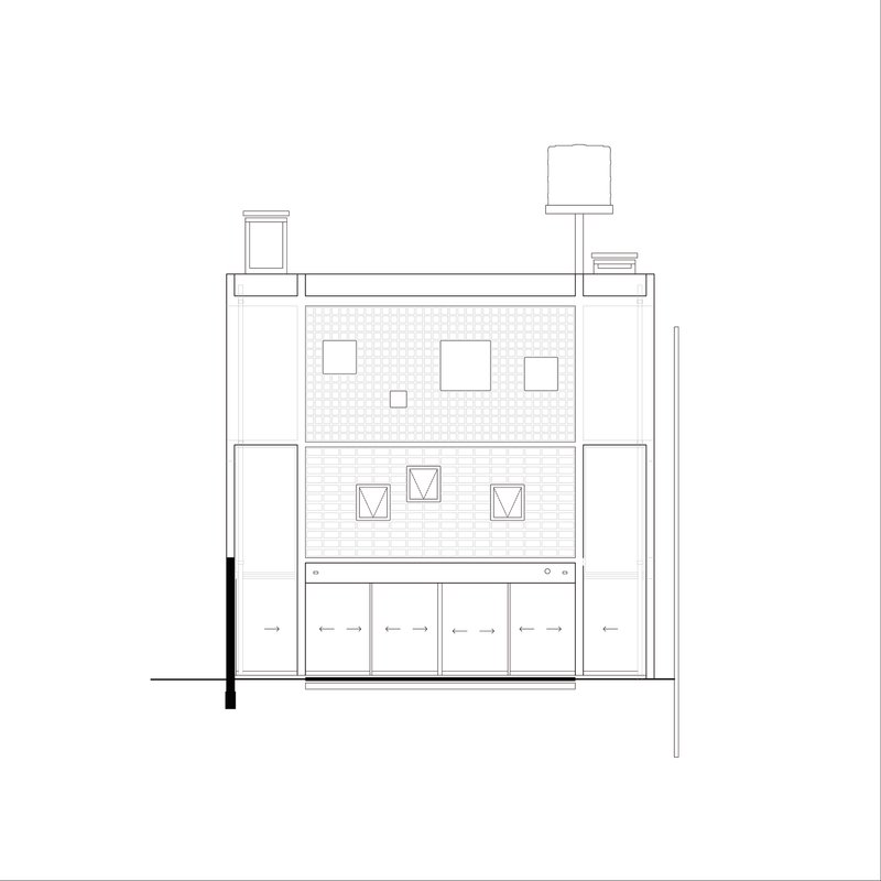 Elevation drawing of facade with textured upper levels and ground floor garage doors