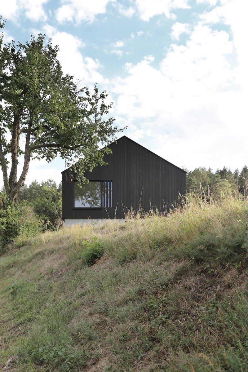 Black vertical timber cladding with vertical louvered window on a sloped hillside