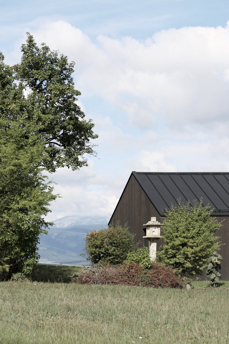 Gabled roof rising above garden shrubs and grasses with distant mountains visible