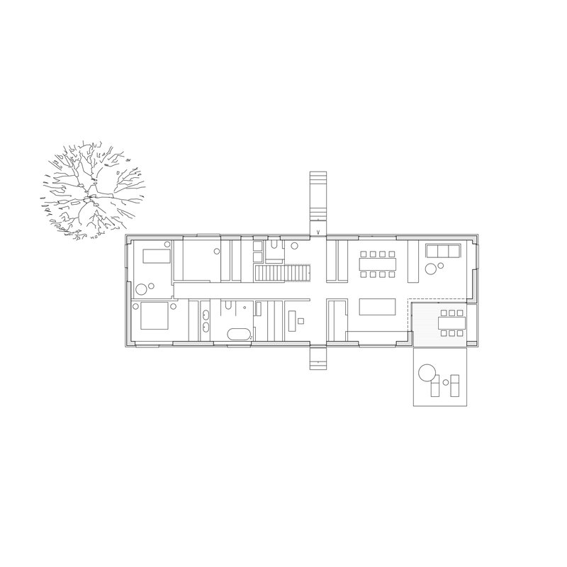 Floor plan drawing of a rectangular residence with central staircase and adjacent tree in plan view