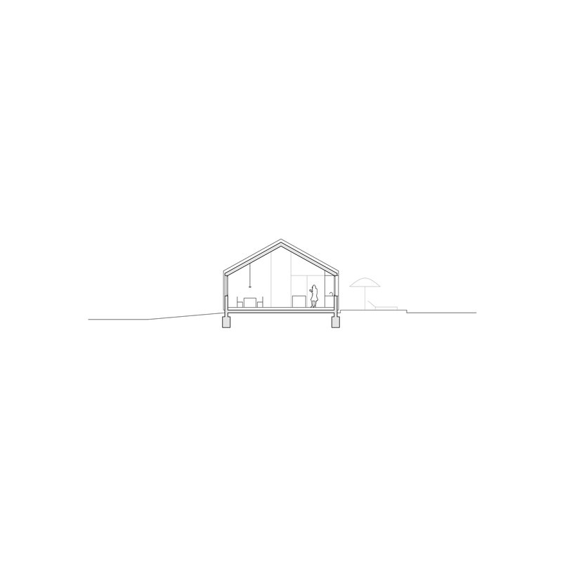 Section drawing through a gabled dwelling showing interior spaces and a figure standing beside a tree