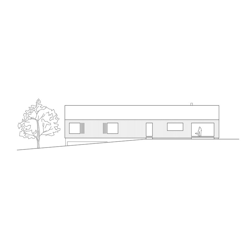 Elevation drawing of a horizontal dwelling with shuttered windows, central door and tree at one end