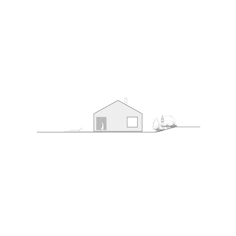 Elevation drawing of a gabled house with vertical slat opening and adjacent trees