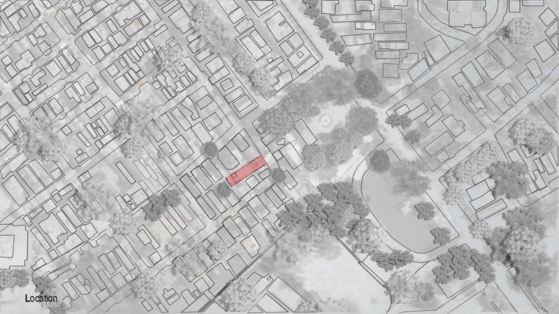 Site plan drawing showing a narrow residential plot highlighted in red within a dense urban neighborhood