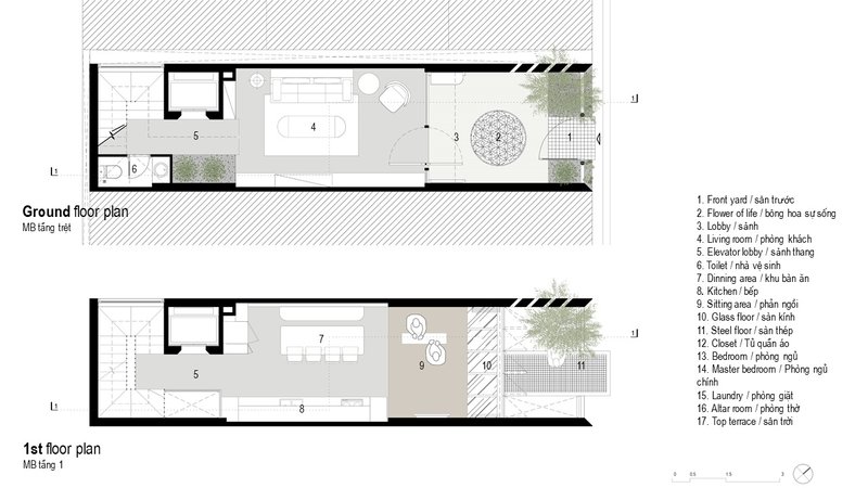 Floor plan drawings showing ground and first levels with stairwell, dining area, and terrace plantings