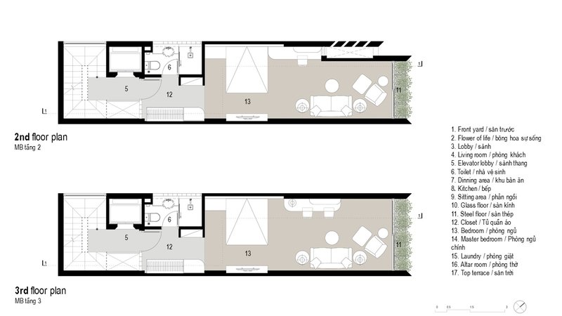 Floor plan drawings showing second and third levels with living spaces and rooftop terrace gardens