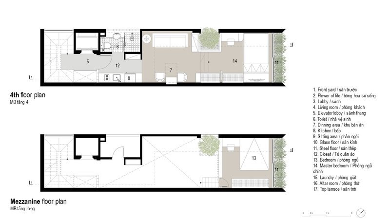 Floor plan drawings showing fourth level and mezzanine with bedroom and open terrace areas