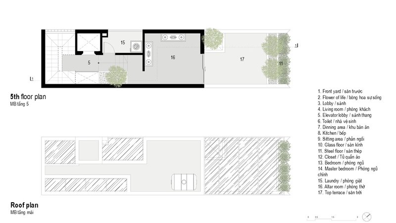 Floor plan and roof plan drawings showing fifth level with terrace and vegetated rooftop elements