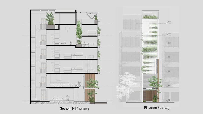 Section and elevation drawings showing five stacked floors with planted terraces and louvered facade