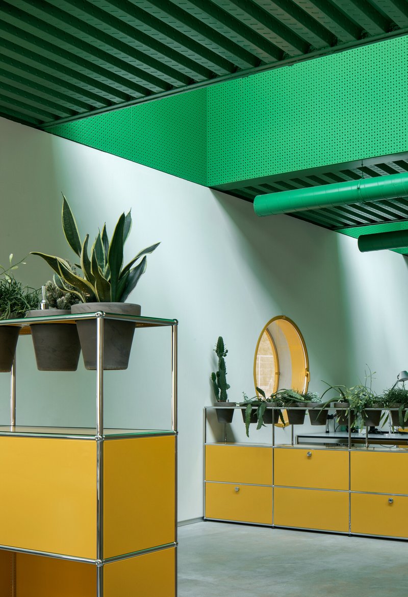 Corner view of yellow modular shelving units with potted plants beneath green metal ceiling beams and perforated panels