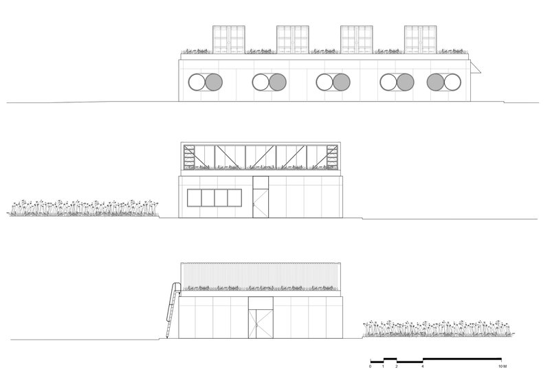 Elevation drawings showing street facades with circular window elements and rooftop planters