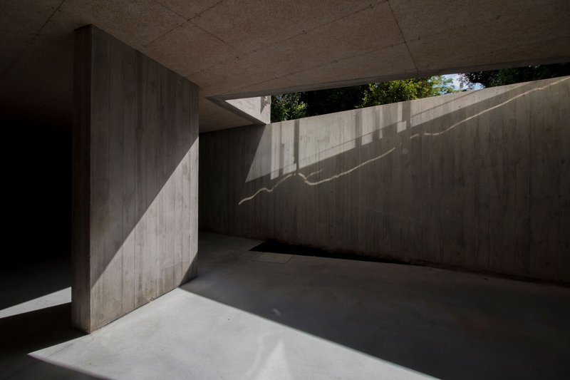 Shadowed concrete ramp descending between board-formed walls with filtered daylight from trees above