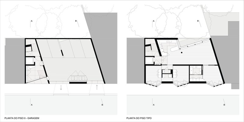 Floor plan drawings showing a ground level garage and typical floor with angled walls and surrounding trees