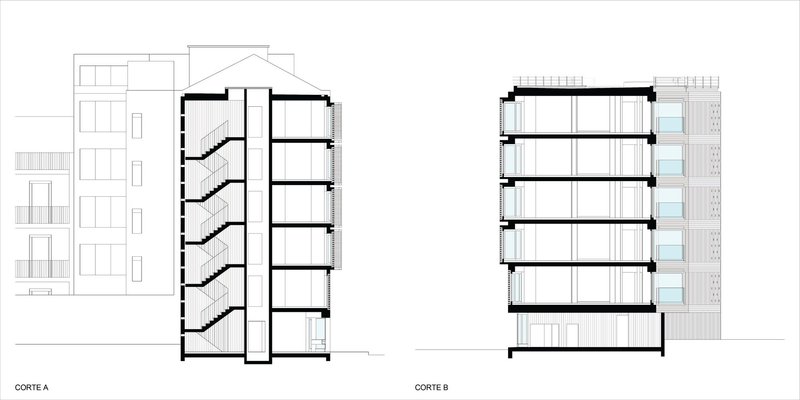 Section drawings revealing the interior spatial organization with staggered balconies and adjacent context buildings
