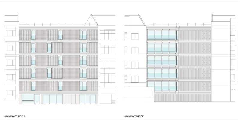 Elevation drawings showing facade treatments with vertical screening elements and glazed openings across multiple floors