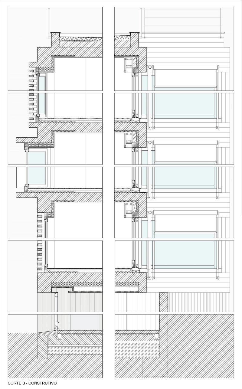 Construction detail section drawing illustrating facade assembly with floor slabs, glazing, and balcony railings