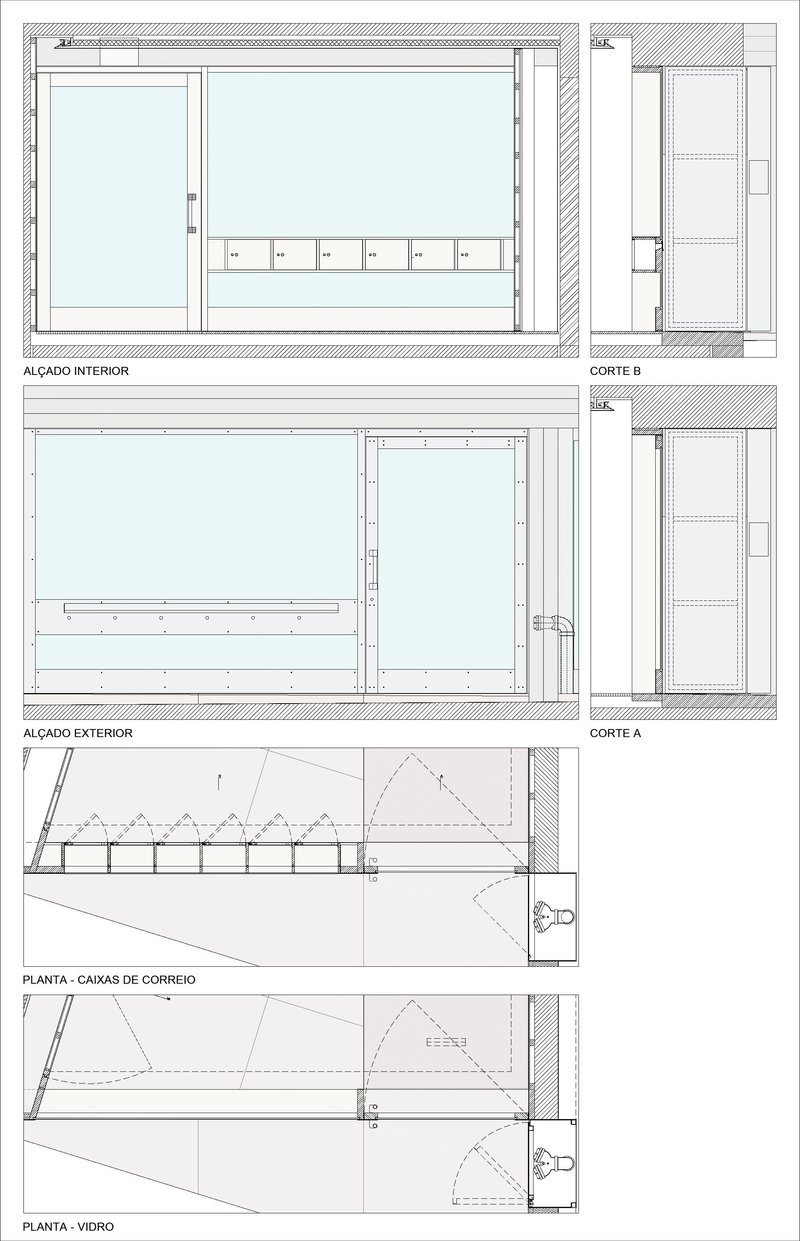 Construction detail drawings showing interior and exterior elevations of glazed partitions with sliding track systems