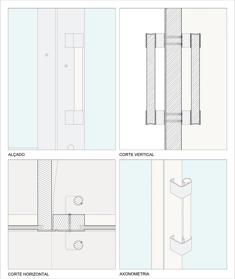 Four architectural drawings showing floor plan, vertical section, horizontal section and axonometric of a multi-story building