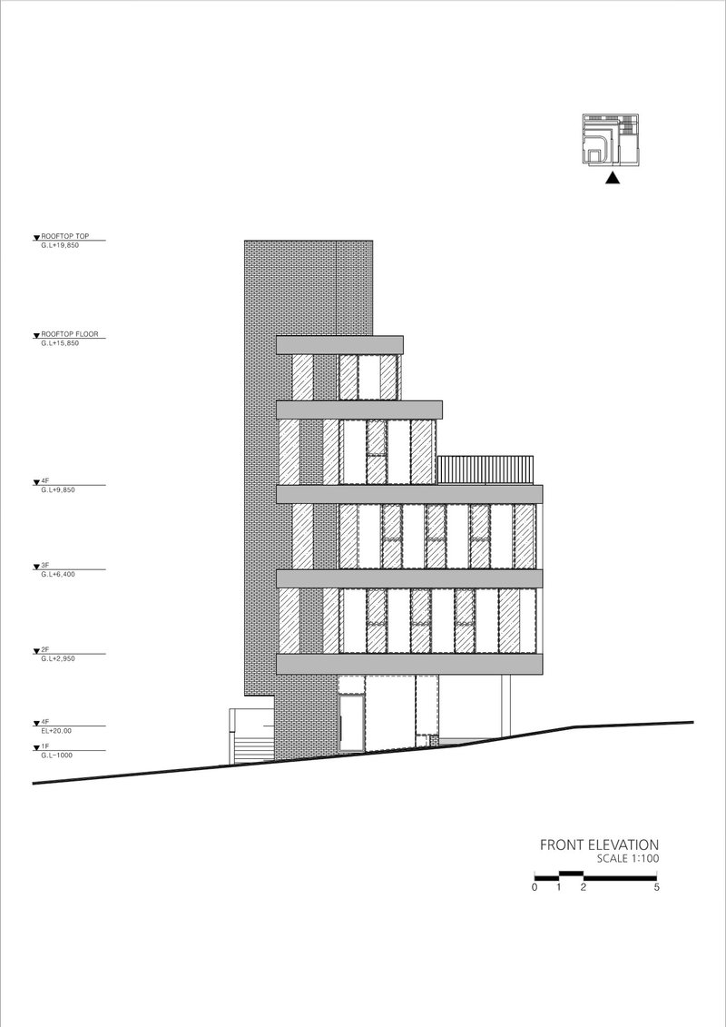 Front elevation drawing showing a six-story stepped building on a sloping site
