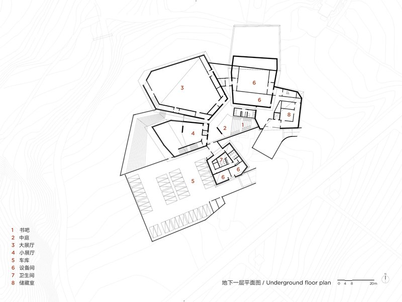 Underground floor plan drawing showing parking area and service spaces beneath angular building volumes