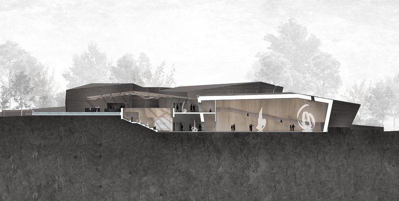 Section drawing through the multi-level interior showing figures on staircases and terraces with trees in fog above