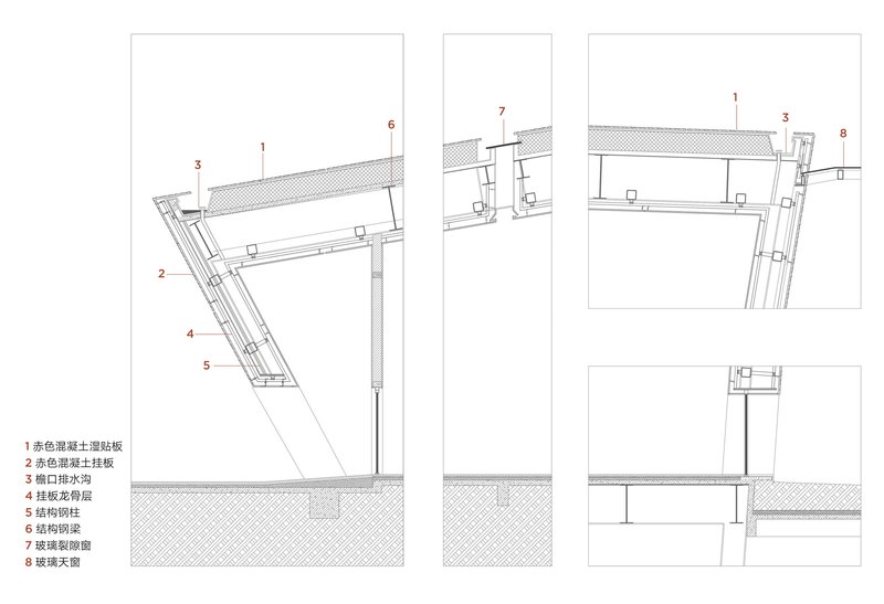 Technical detail drawings showing angled curtain wall assembly with numbered annotations and layered construction