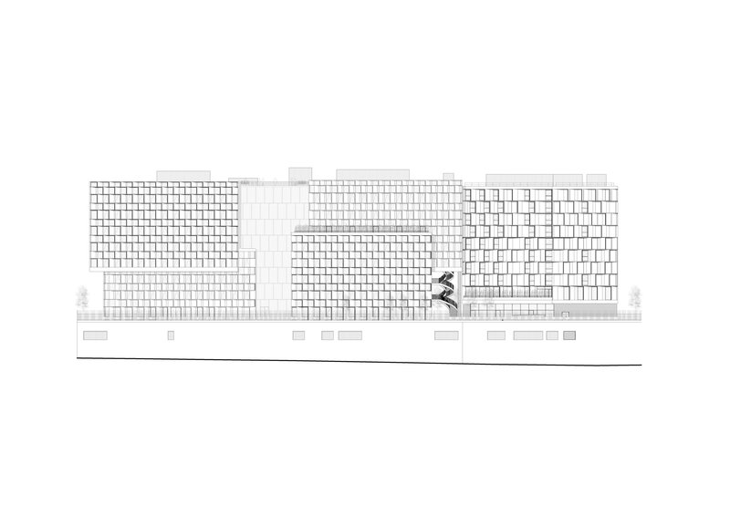 Elevation drawing showing gridded facades with recessed balconies and a figure in motion