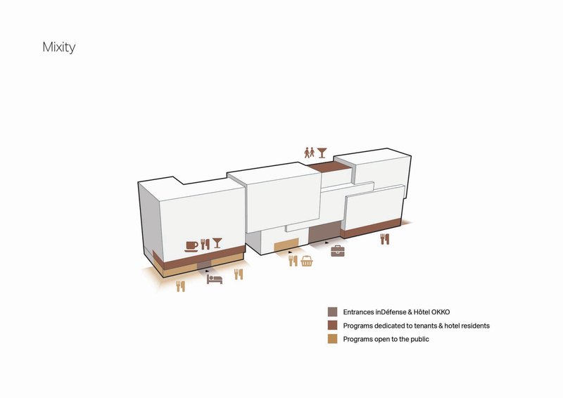 Axonometric diagram showing mixed-use program distribution with public spaces and private entrances marked by figures