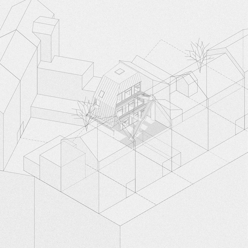Axonometric drawing showing a gridded courtyard structure embedded within surrounding urban volumes with adjacent trees