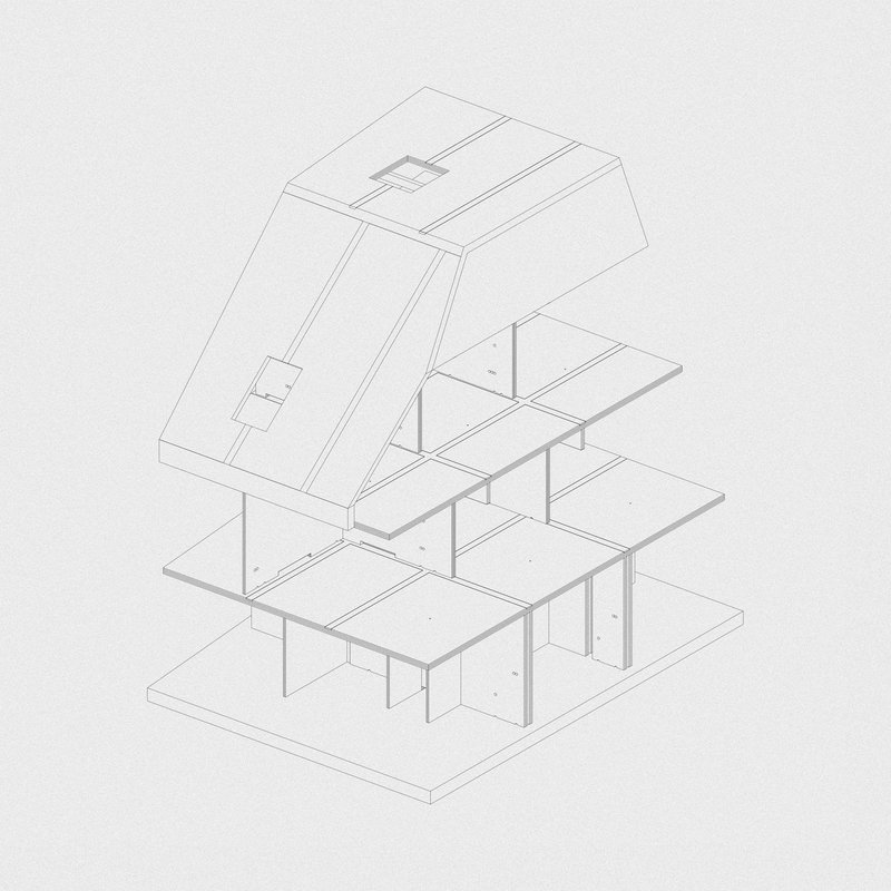 Exploded axonometric drawing separating the sloped roof envelope from the interior floor plates