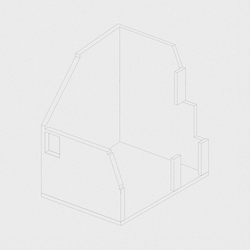 Isometric drawing showing the angled roofline and perimeter walls with a square window opening