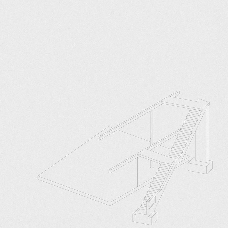 Axonometric section drawing showing the staircase connecting two levels with exposed structural columns