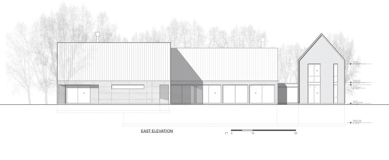 East elevation drawing showing horizontal volumes with gabled tower element and vertical cladding against background trees