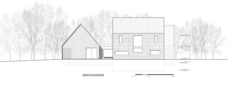 North elevation drawing showing stacked volumes with gabled studio and horizontal main block among bare winter trees