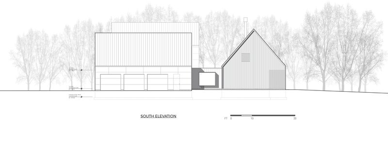 South elevation drawing showing garage block connected to smaller gabled volume with grove of trees behind