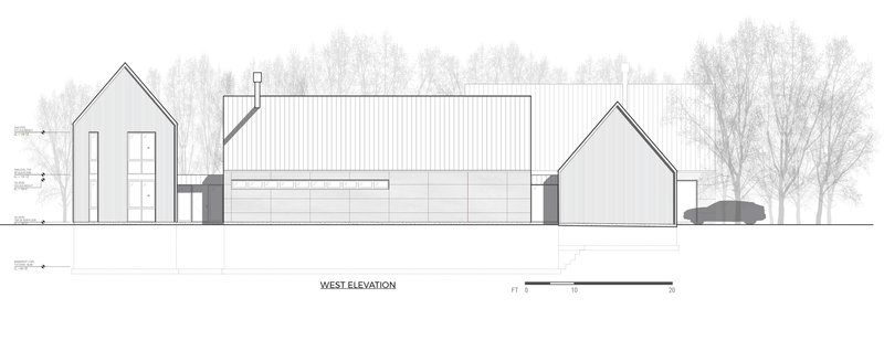 West elevation drawing showing two gabled volumes flanking a central rectilinear barn form with trees and a car