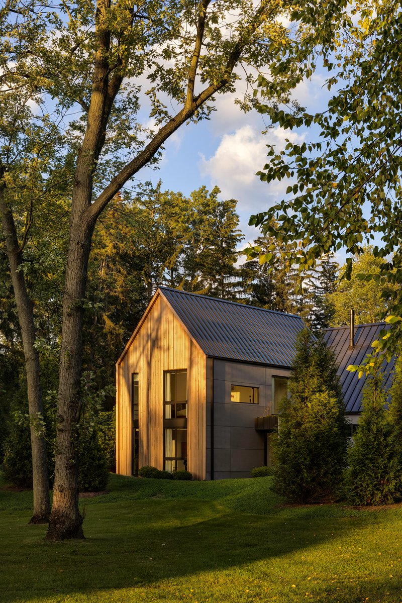 Gabled volumes clad in vertical timber and dark panels nestled among mature trees at dusk