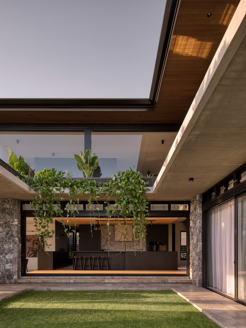 Internal courtyard with lawn, suspended planters, timber soffits and glass-walled kitchen at dusk