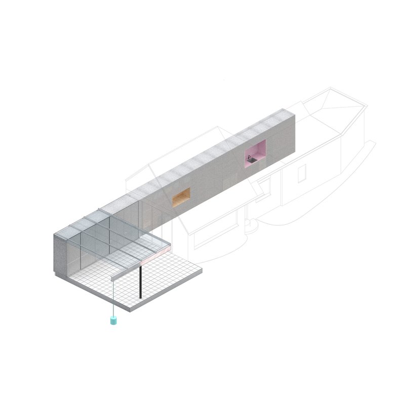 Axonometric drawing of a narrow building with glazed courtyard and tiled floor extending outward