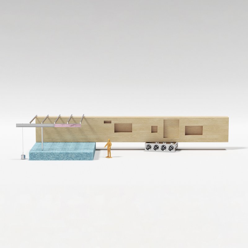 Physical model of an elongated timber facade with rectangular openings and cantilevered canopy over pool