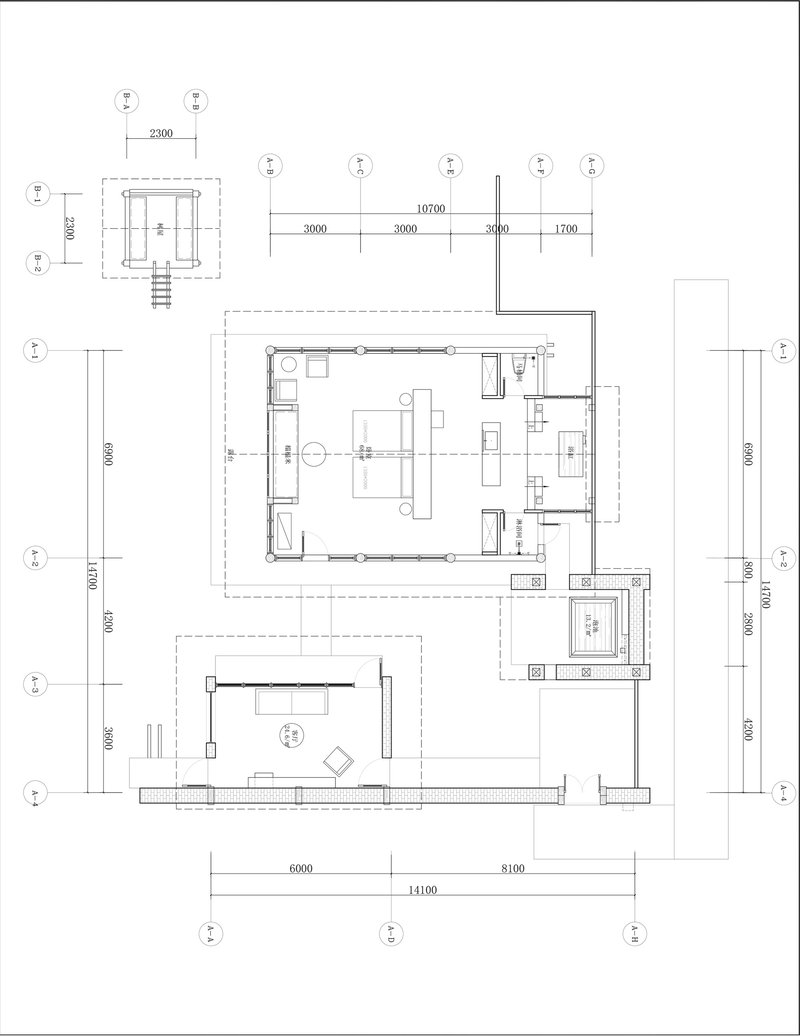 Floor plan showing main living pavilion with adjacent covered terrace and service wing