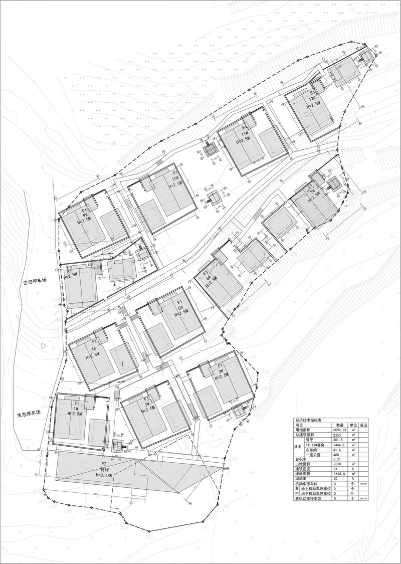 Site plan drawing depicting multiple clustered buildings along a diagonal sloping terrain
