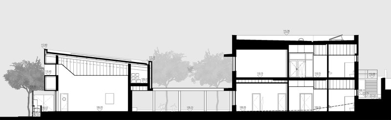 Section drawing showing sloped roof volumes connecting low and high wings with trees in context