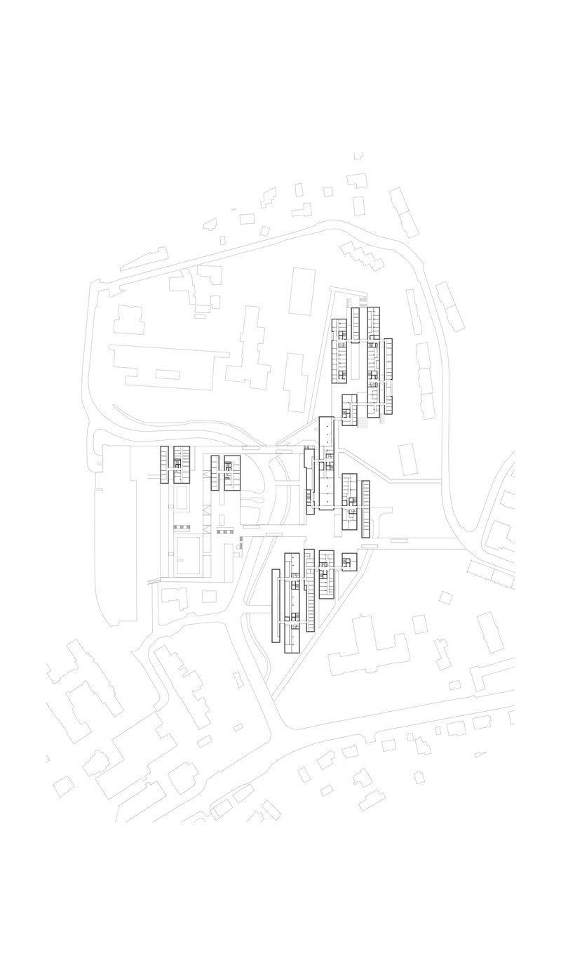 Site plan drawing showing linear housing blocks positioned along streets with surrounding context buildings