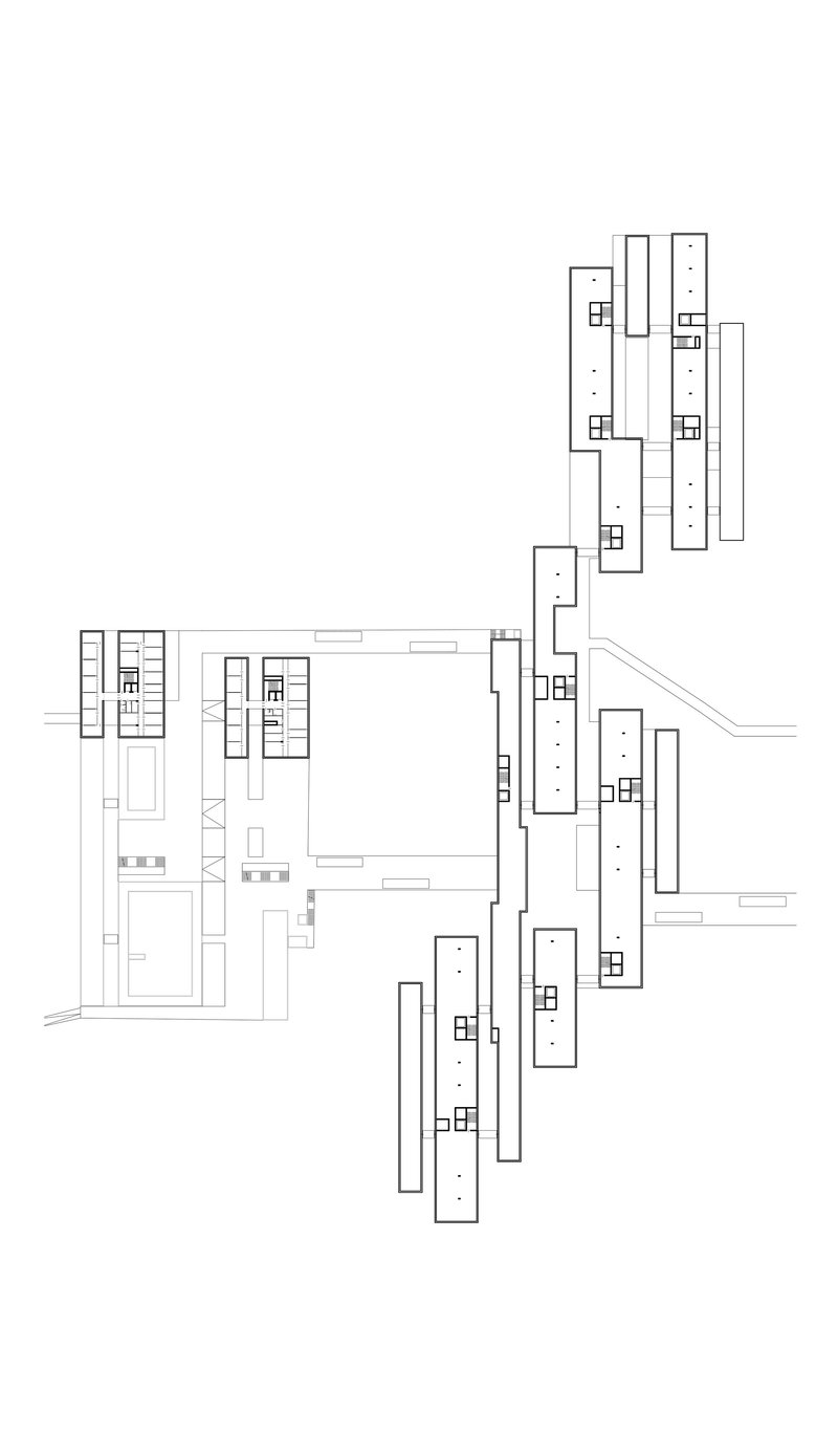 Site plan drawing depicting residential blocks with interior courtyard spaces and scattered tree plantings
