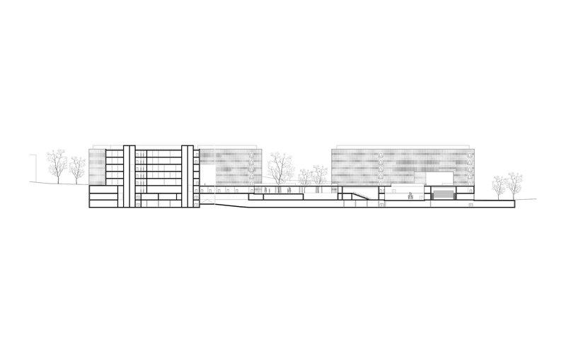 Elevation drawing depicting residential blocks connected by a sloping glazed passage with trees along the base