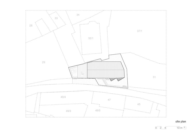 Site plan drawing showing the angled footprint within the surrounding parcels